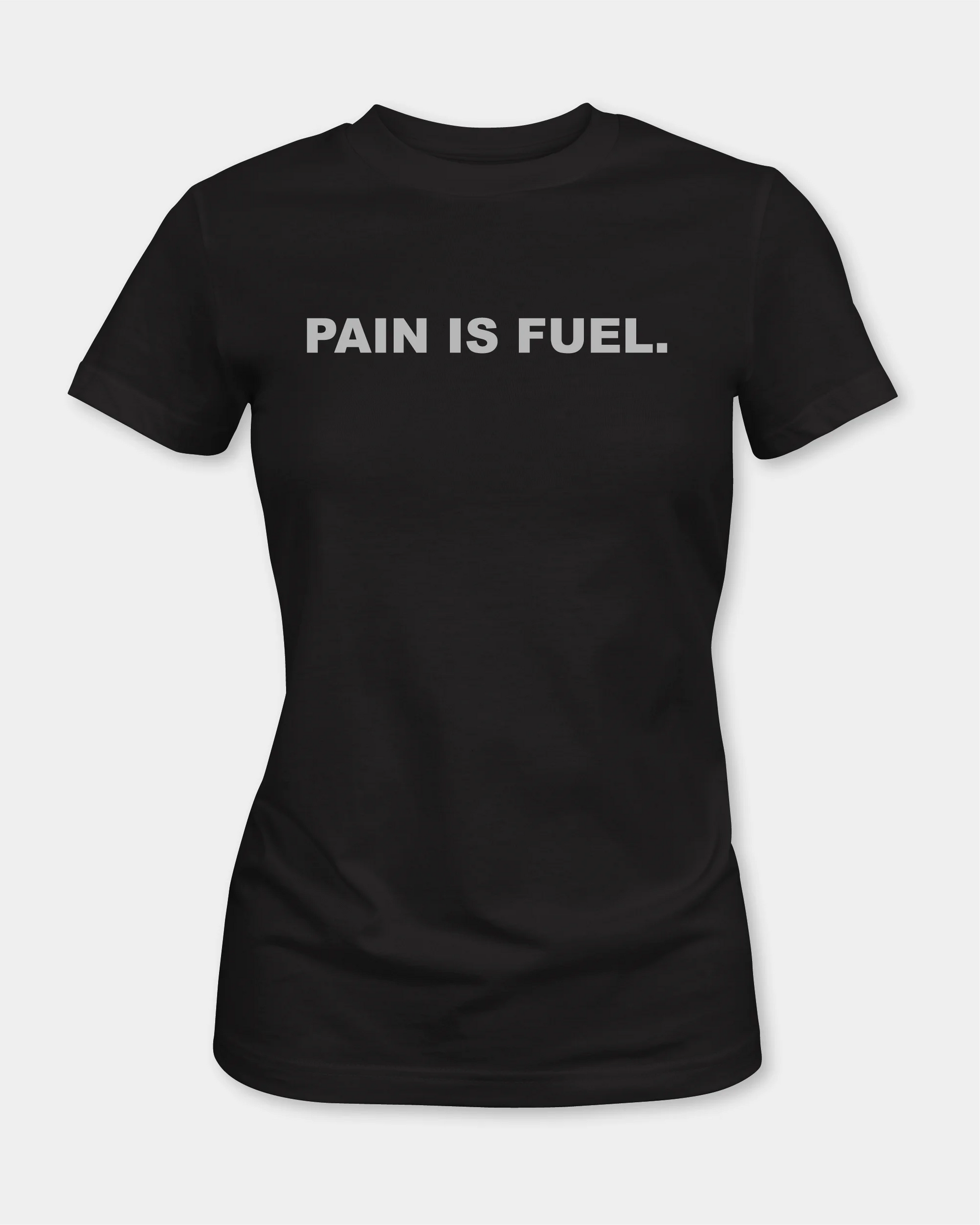 Female black t-shirt with PAIN IS FUEL. text, front view, product mockup
