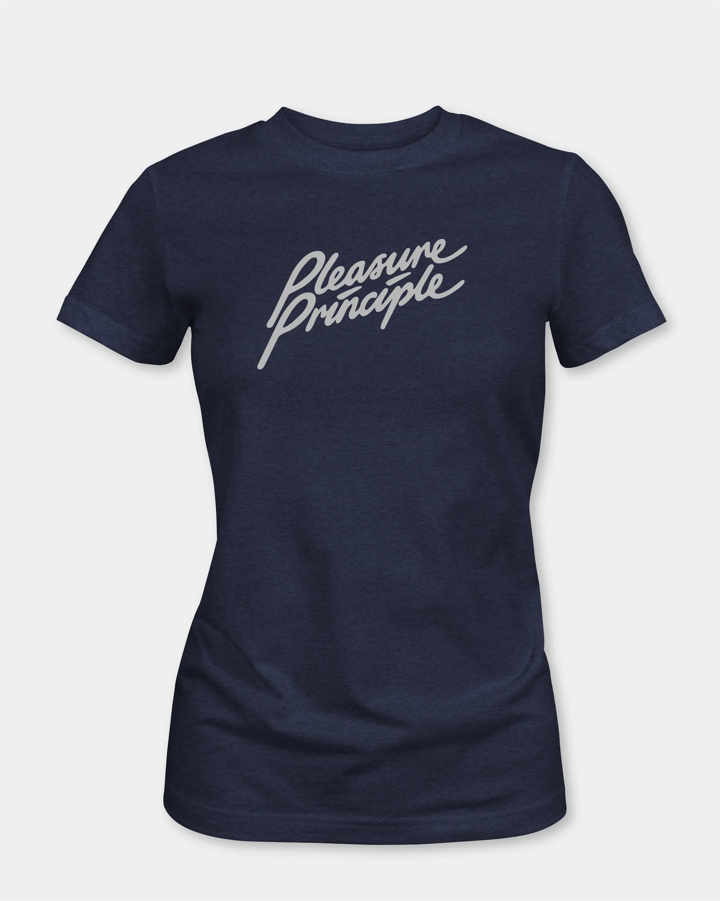 Female denim melange t-shirt with Pleasure Principle script, front view, product mockup
