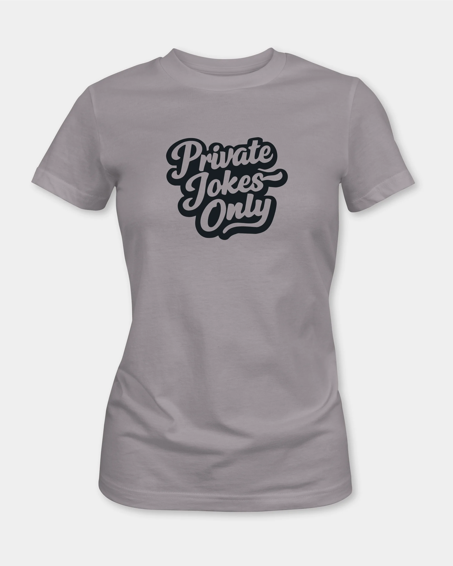 Female lavender dust t-shirt with Private Jokes Only text, front view, product mockup
