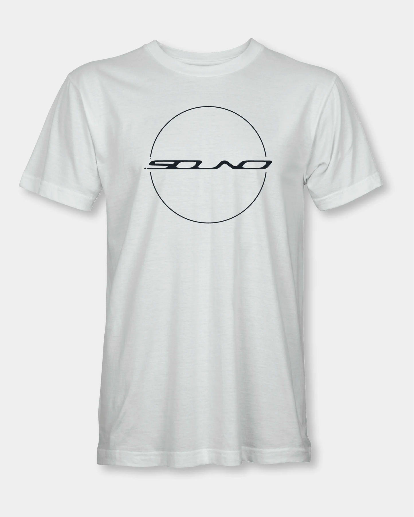 Male white T-shirt with SOUND circle graphic, front product view