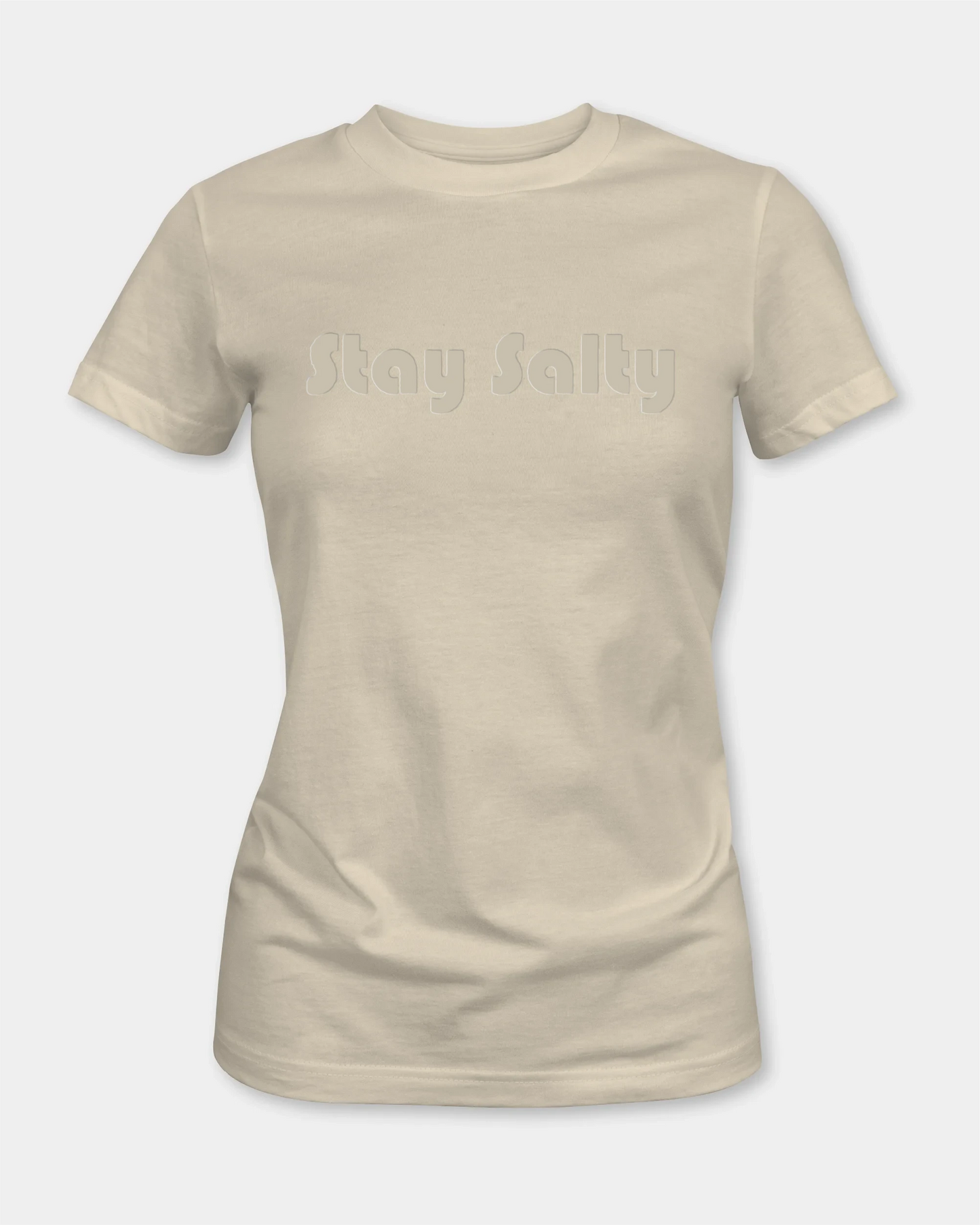 Female natural t-shirt with Stay Salty embossed text, front view
