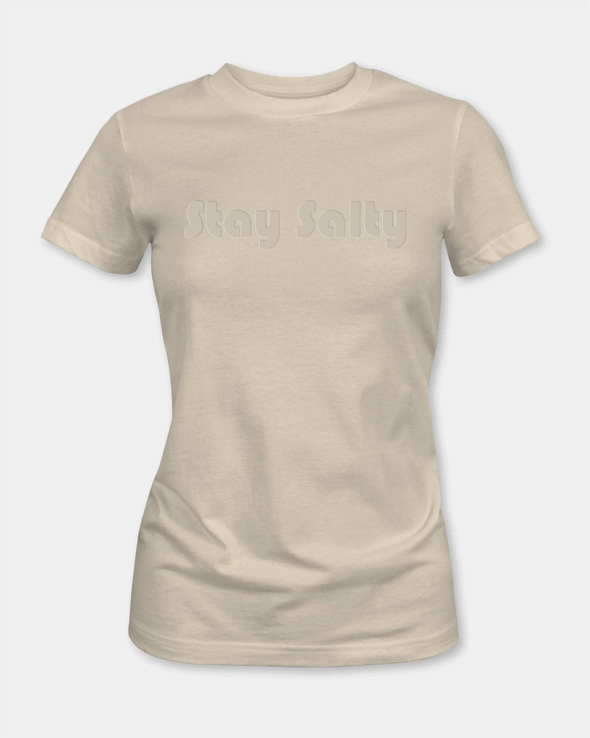 Female natural t-shirt with Stay Salty embossed text, front view
