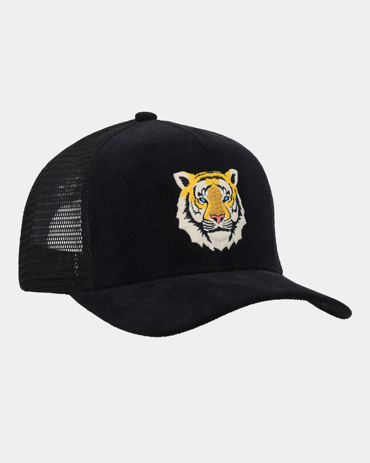  Black trucker hat adorned with a vibrant yellow tiger graphic at the front, showcasing a bold and stylish look.