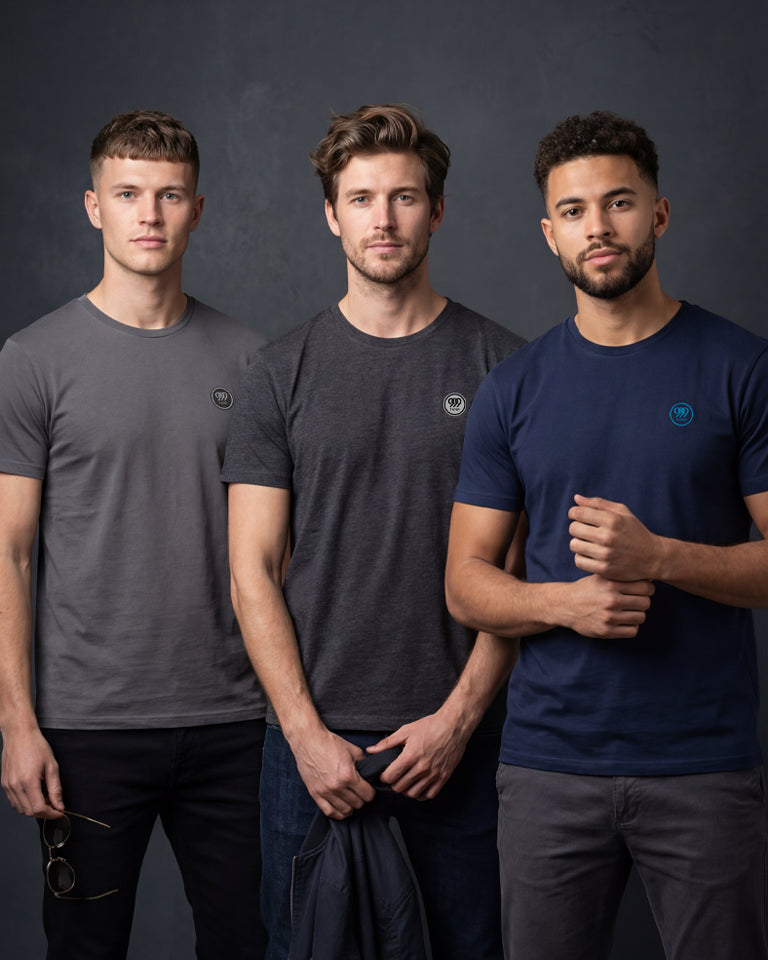 Three male models wearing Asphalt, Charcoal Melange and Navy classic T-shirts
