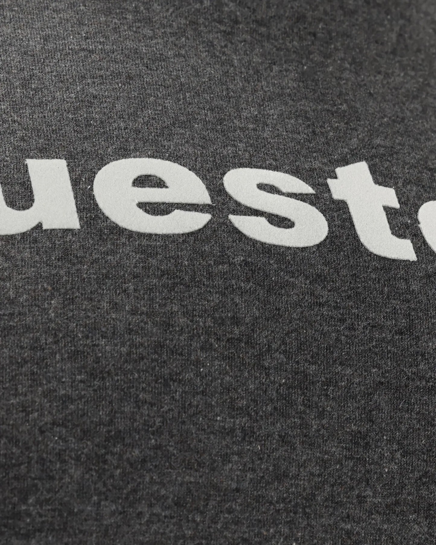 Charcoal melange T-shirt with truestory  text graphic, close-up detail view
