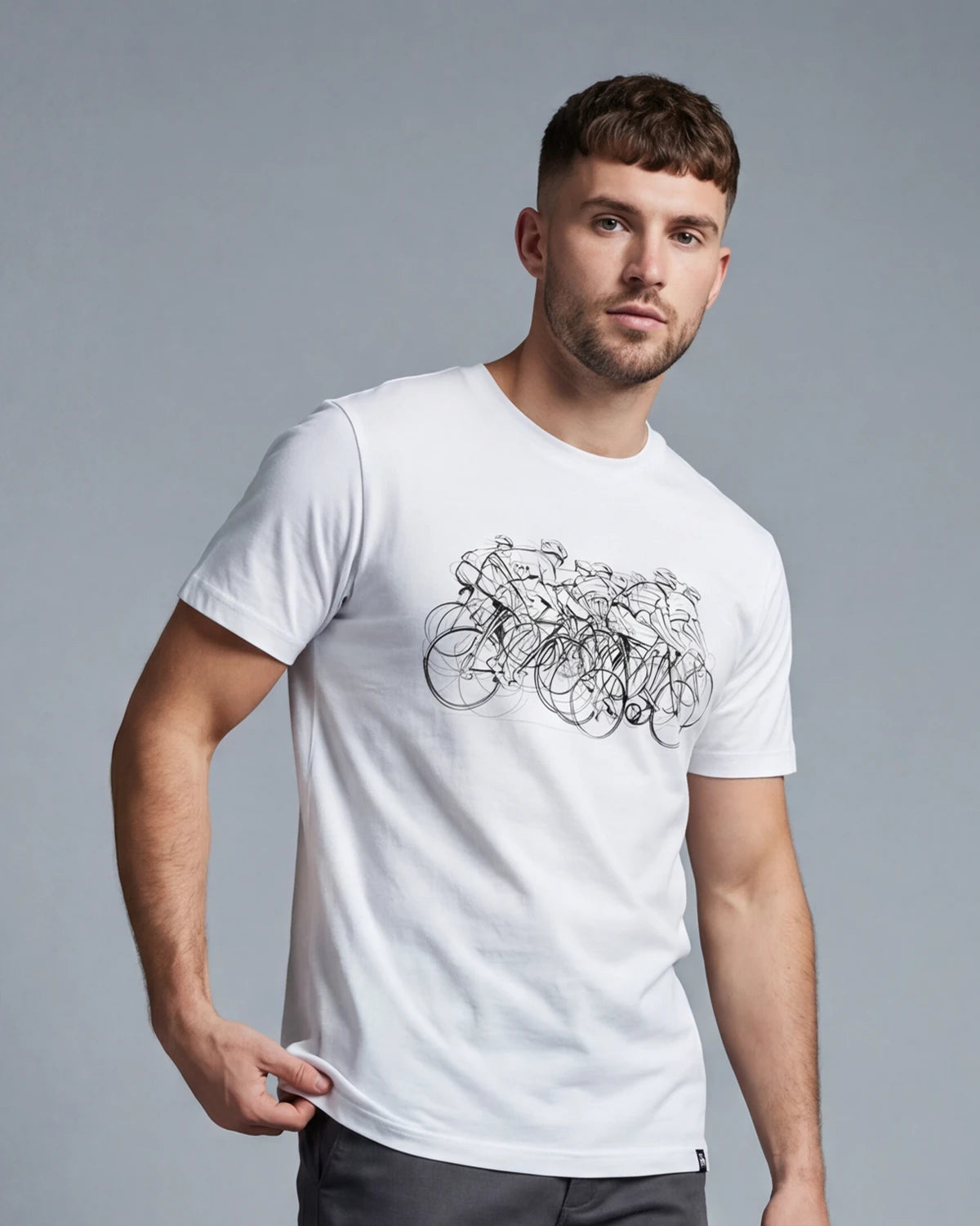 Male model wearing white t-shirt with bicycle sketch graphic, front view
