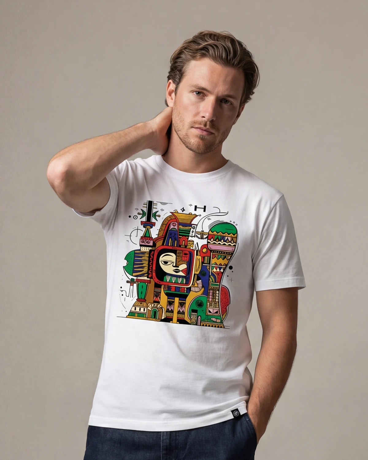 Male model wearing white t-shirt with Aztec abstract graphic, front view
