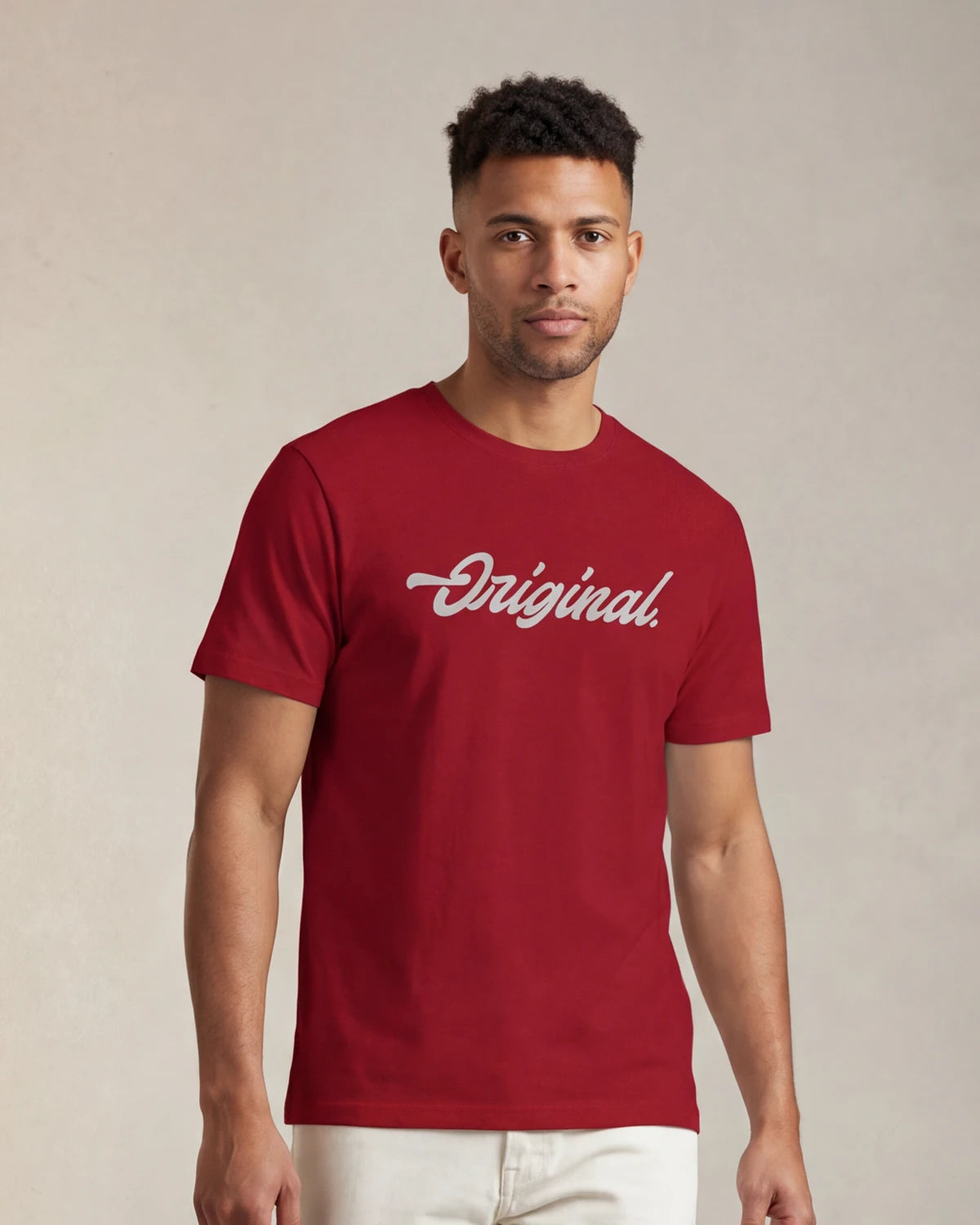 Male model wearing red t-shirt with Original text, front view
