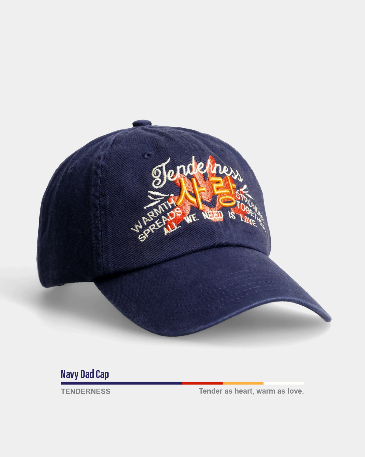 Navy blue dad cap with embroidered text and graphics on a light gray background