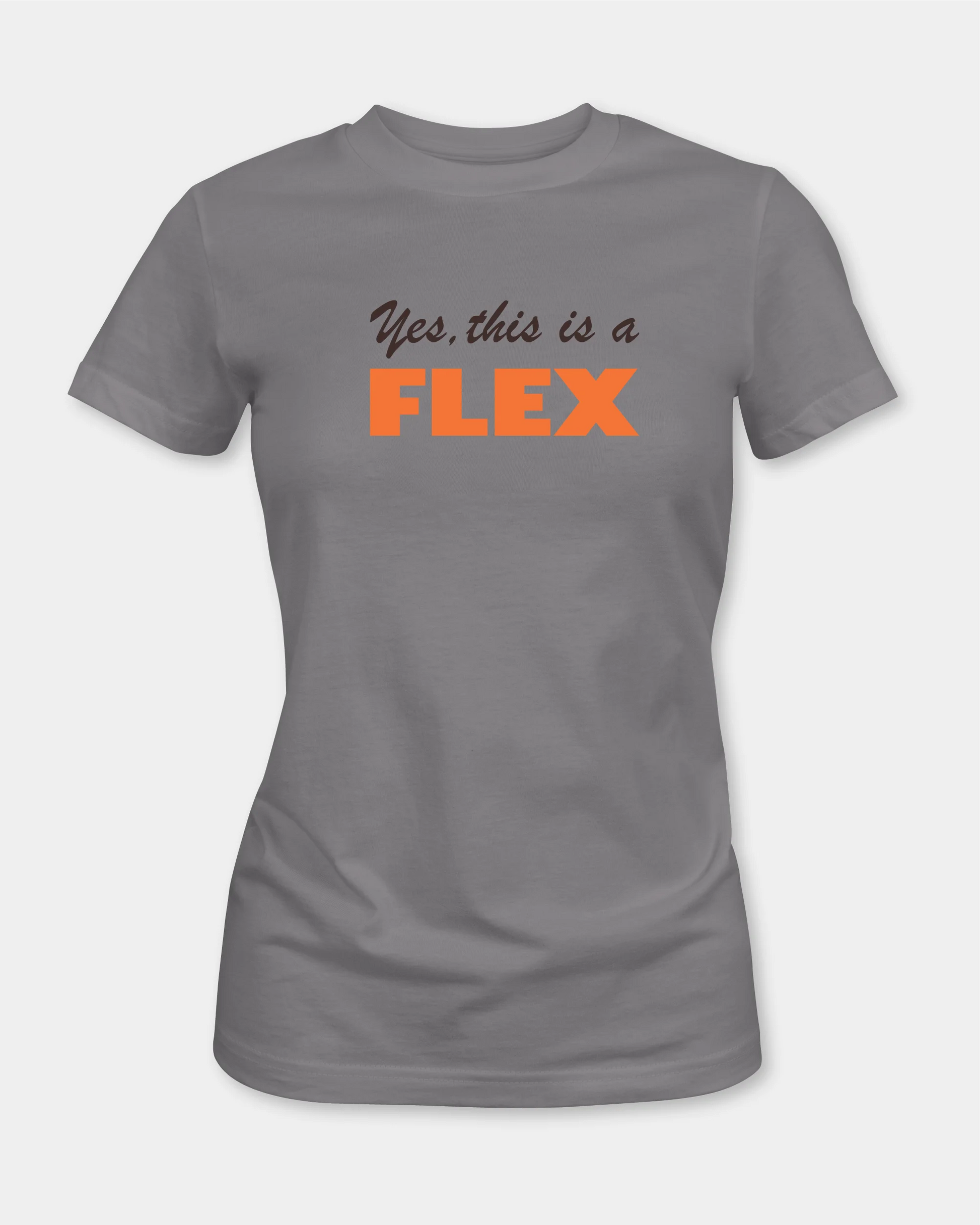 Female lavender dust t-shirt with “Yes, this is a FLEX” text, front view
