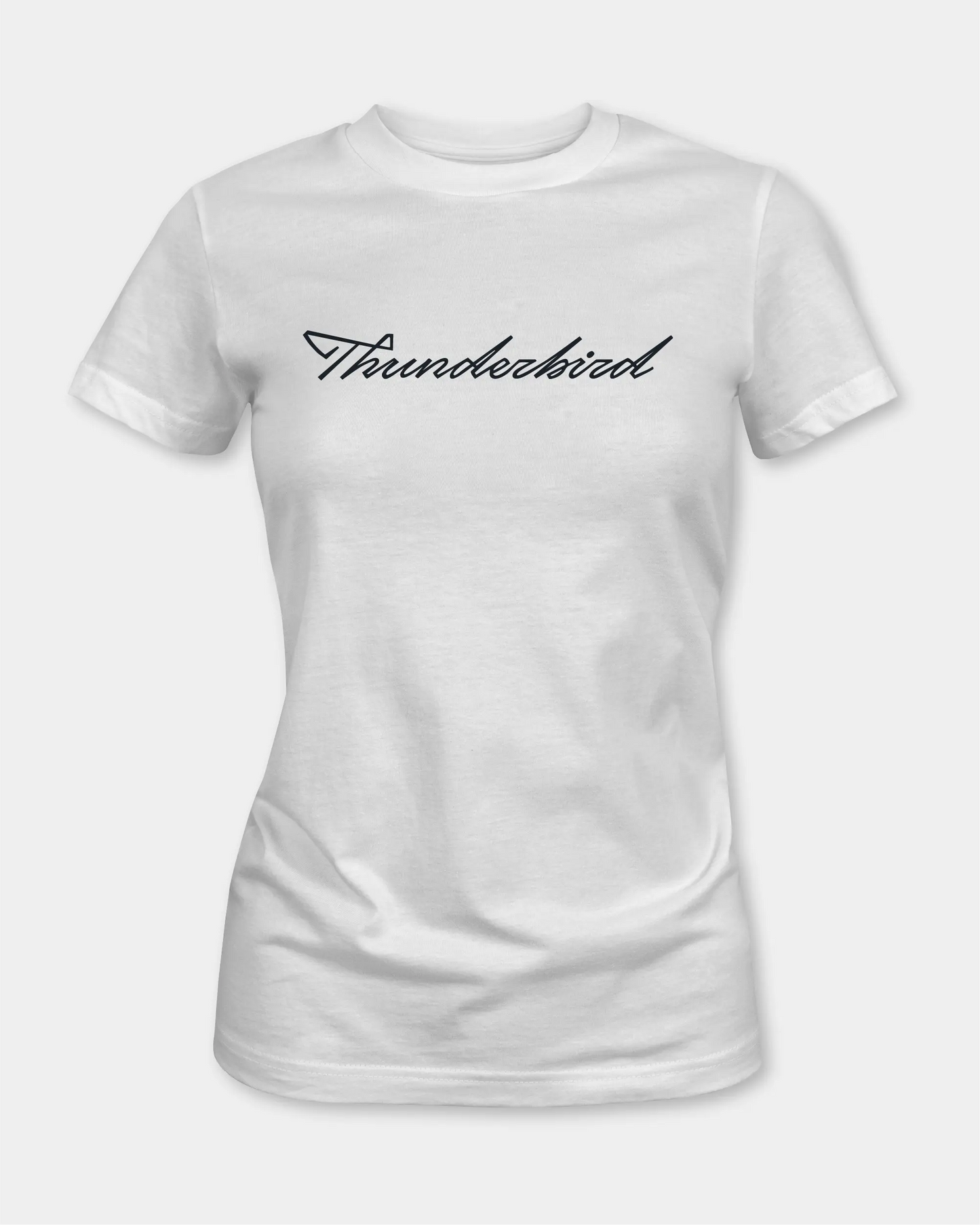 Female white t-shirt with “Thunderbird” script text, front view

