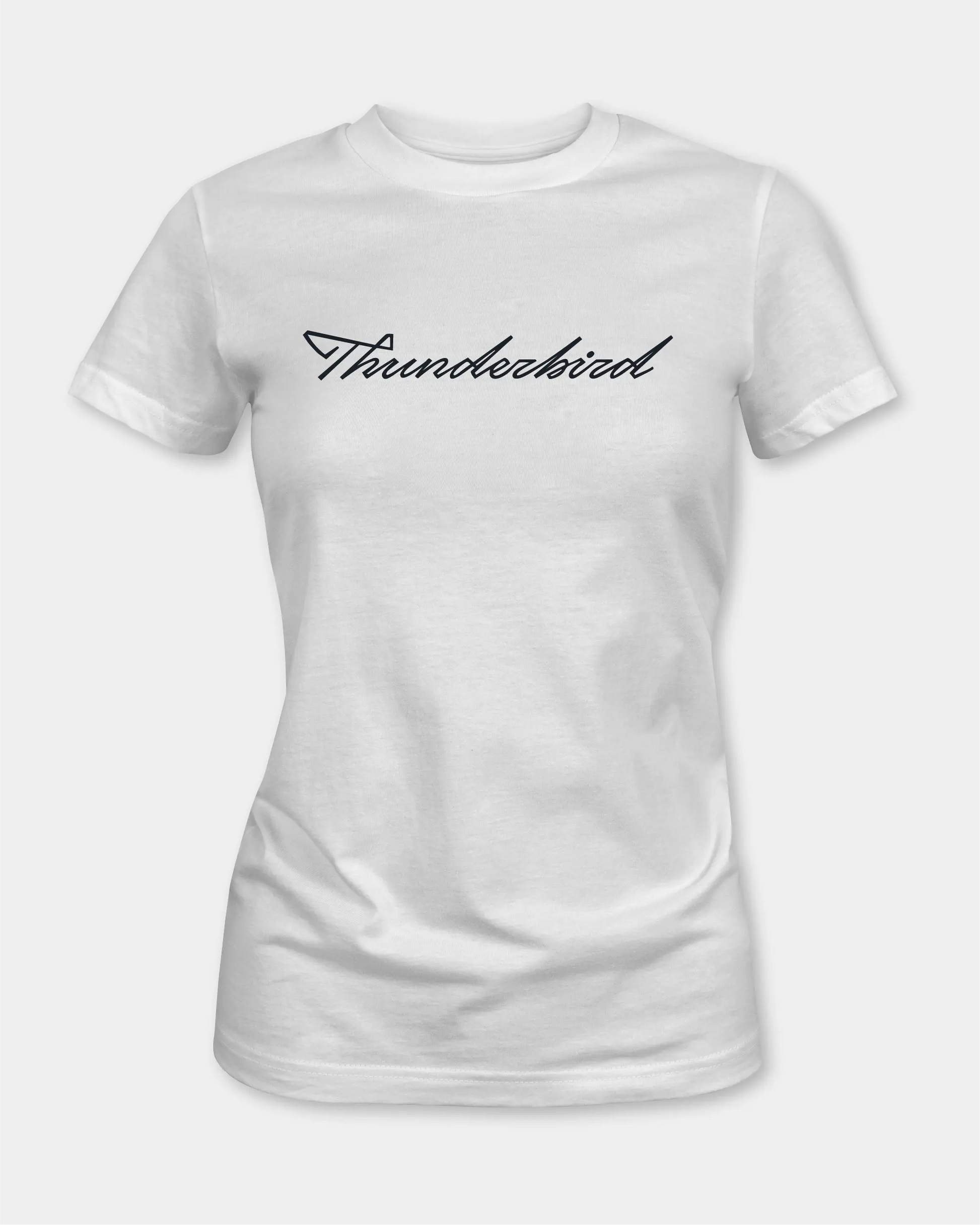 Female white t-shirt with “Thunderbird” script text, front view
