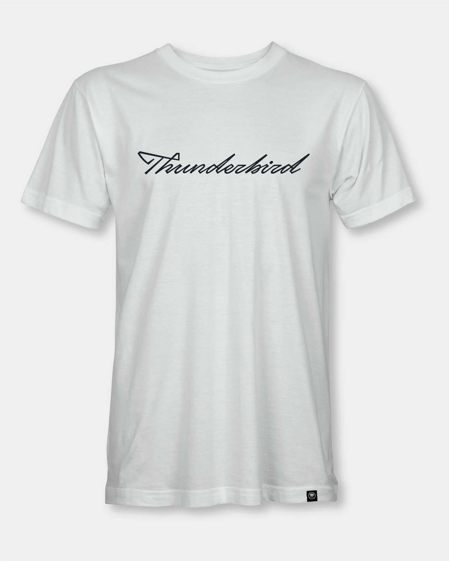 Male white T-shirt with Thunderbird script text, front view