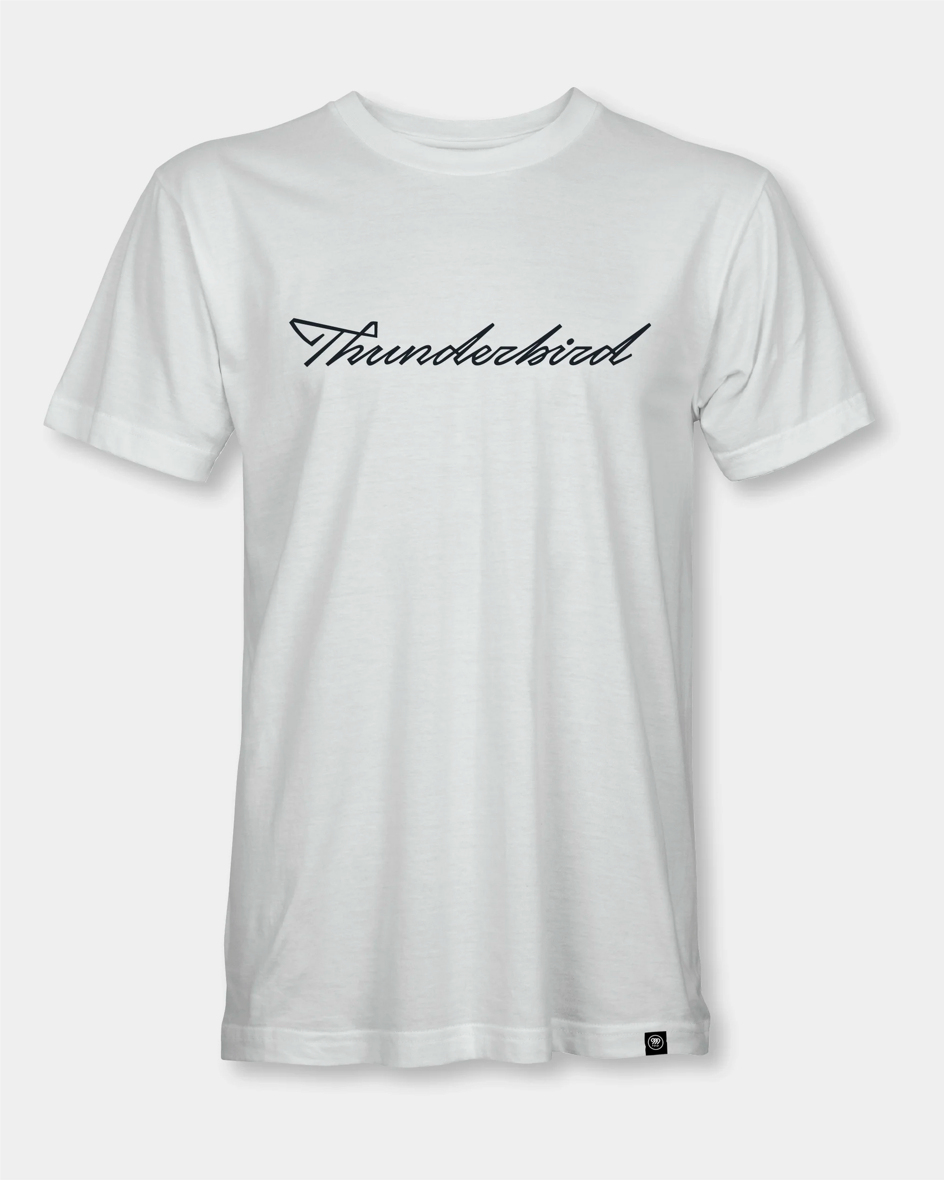Male white T-shirt with Thunderbird script text, front view