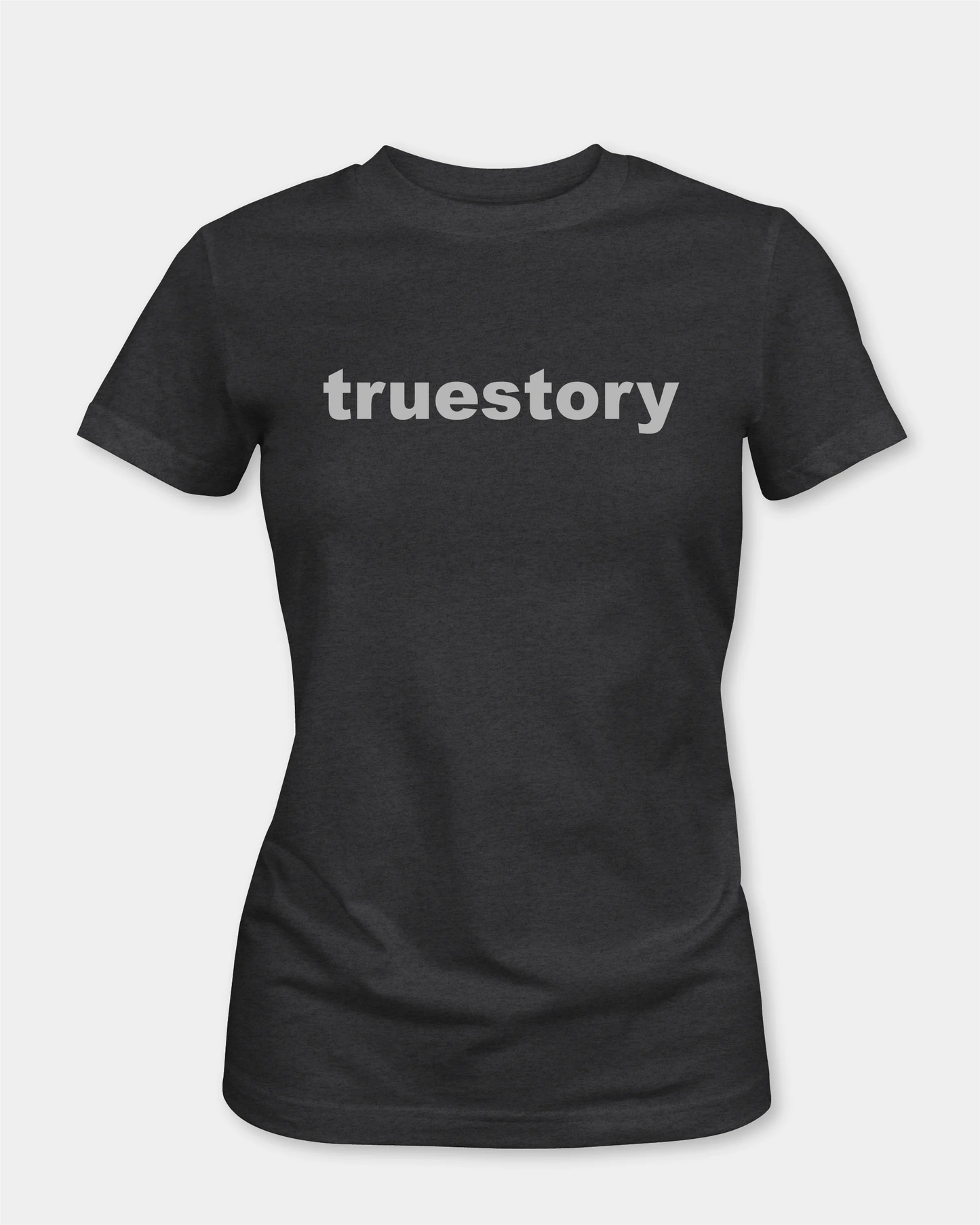 Female t-shirt in charcoal melange with “truestory” text, front view
