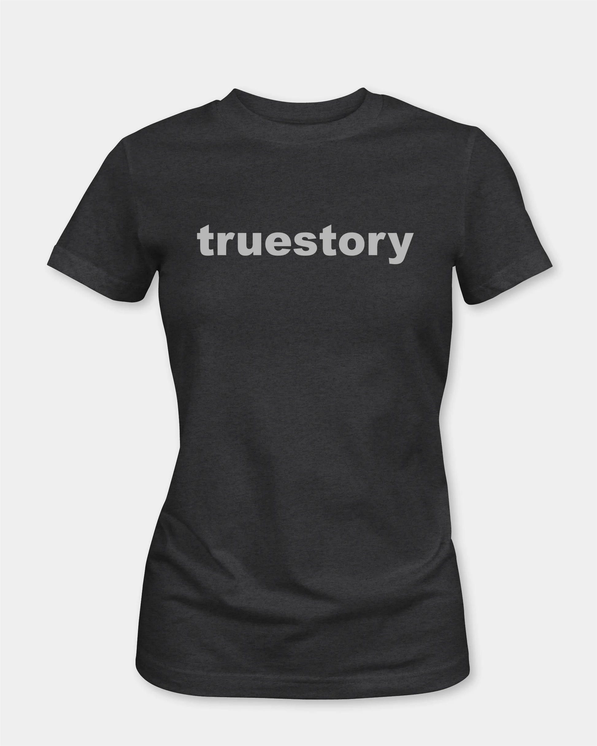 Female t-shirt in charcoal melange with “truestory” text, front view
