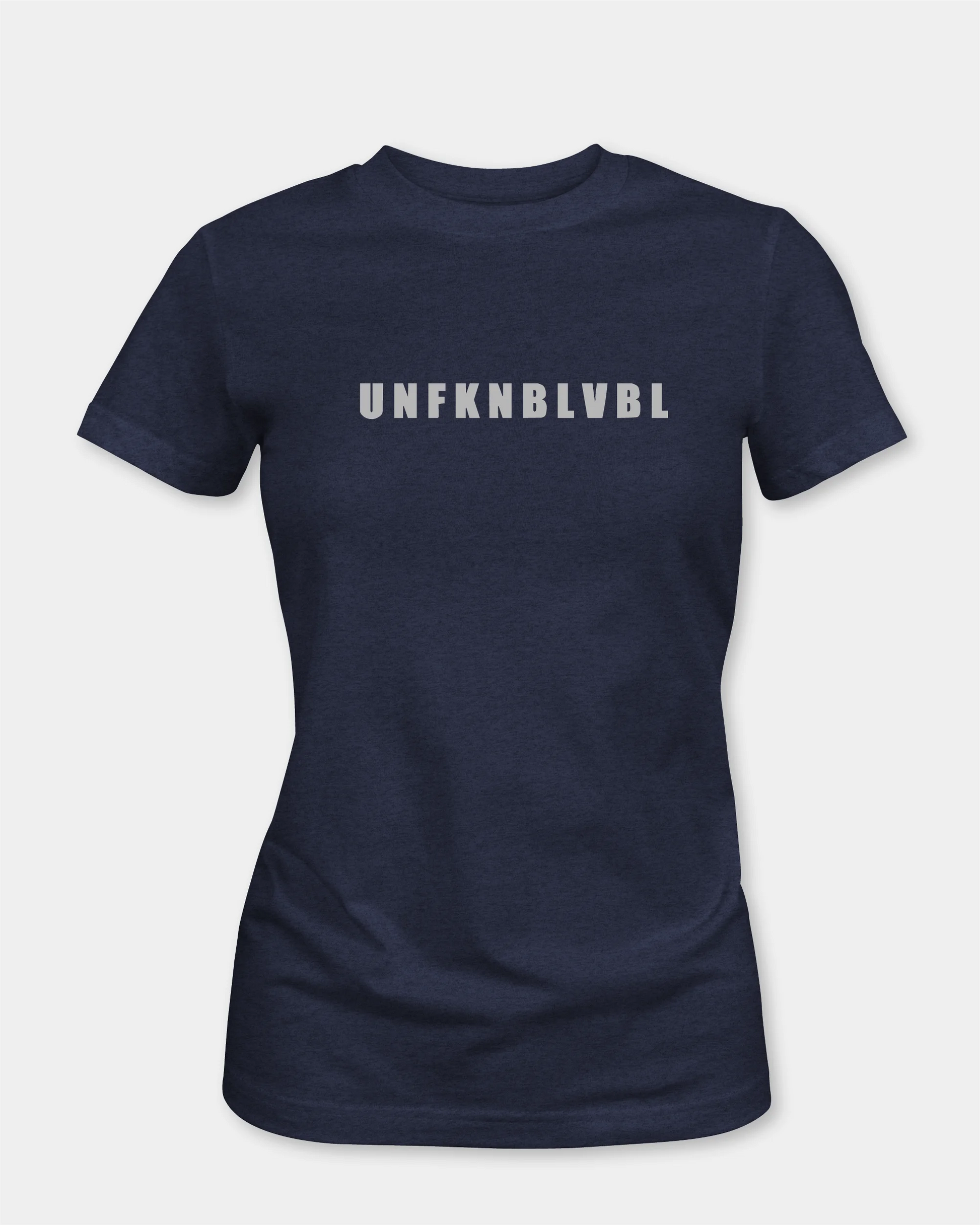 Female t-shirt in denim melange with UNFKNBLVBL text, front view

