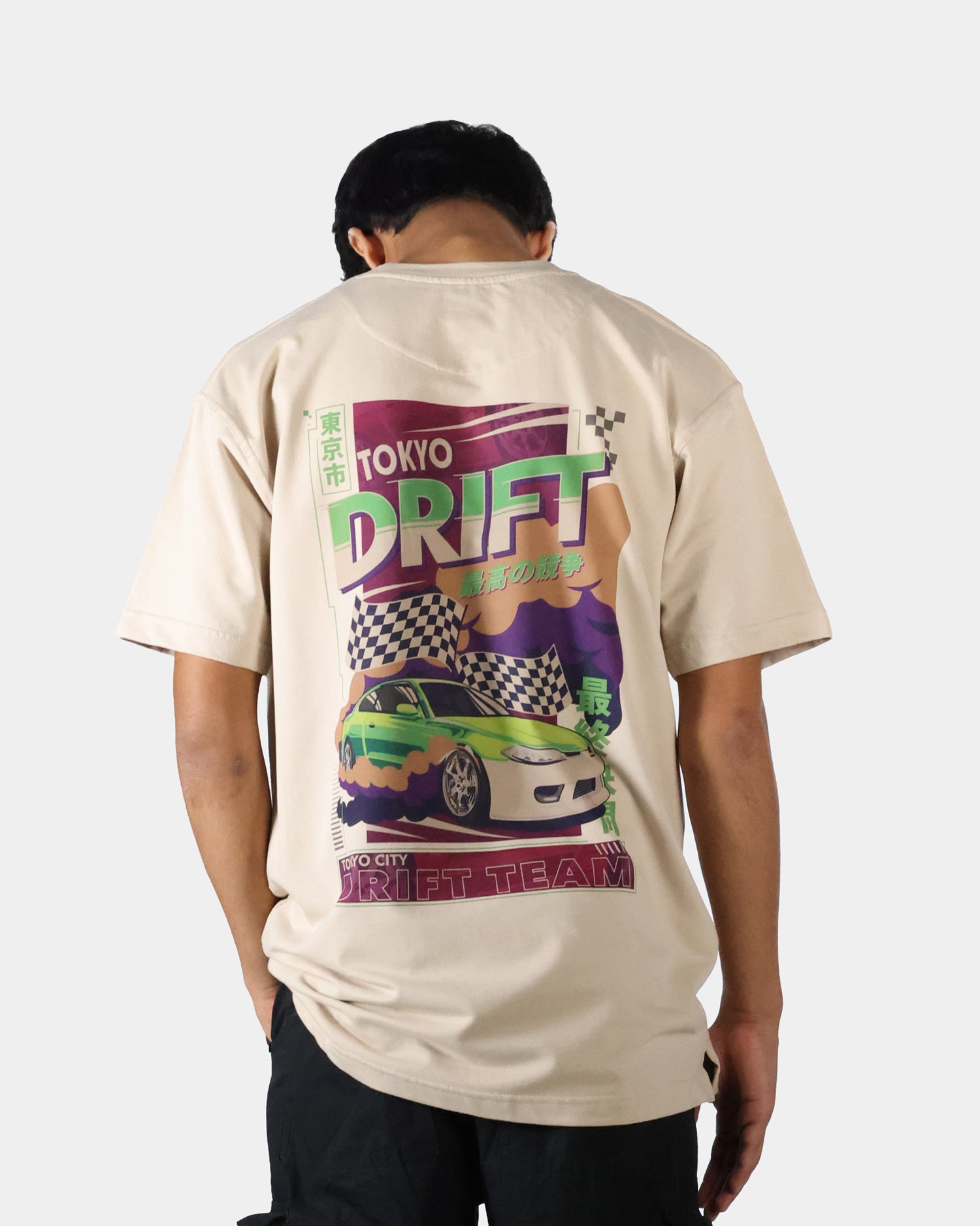 999Tee Beige Unisex Oversized T-shirt with Tokyo Drift design on back and front 05