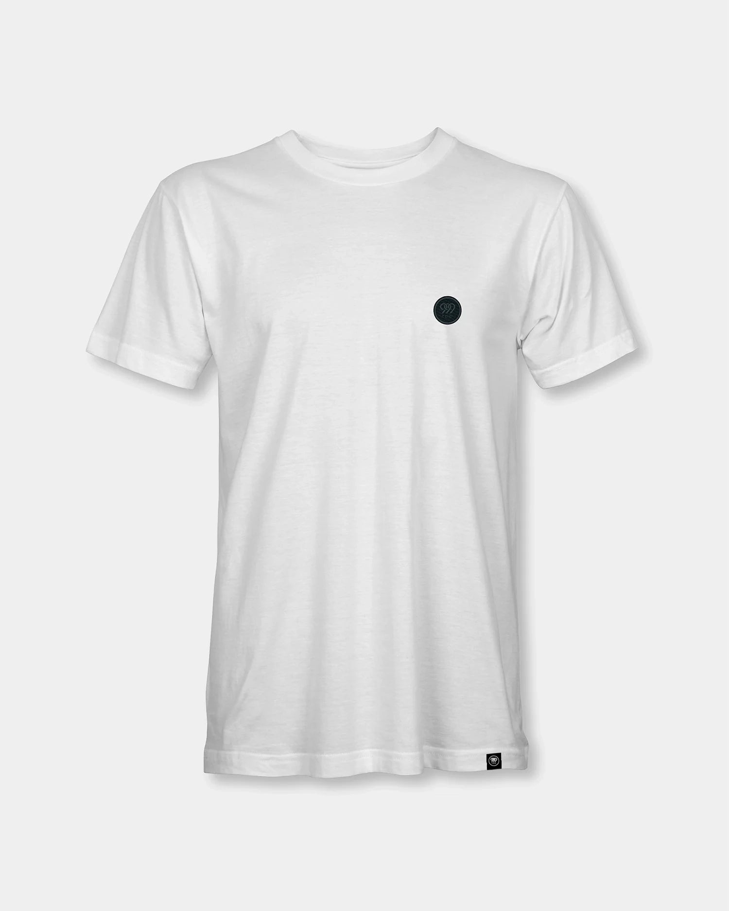 Male white T-shirt with small black chest badge, front view