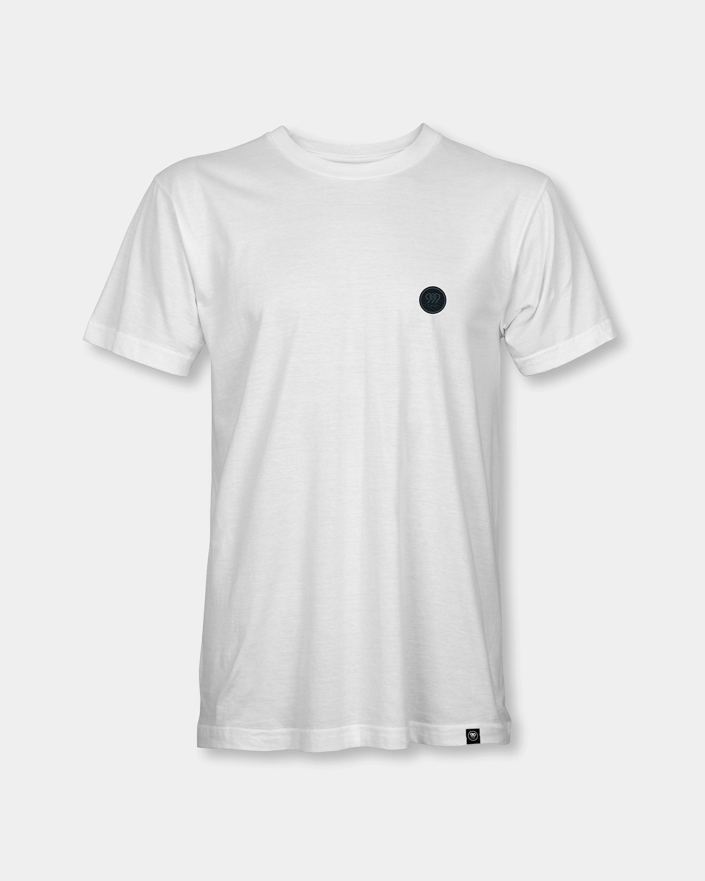 Male white T-shirt with small black chest badge, front view