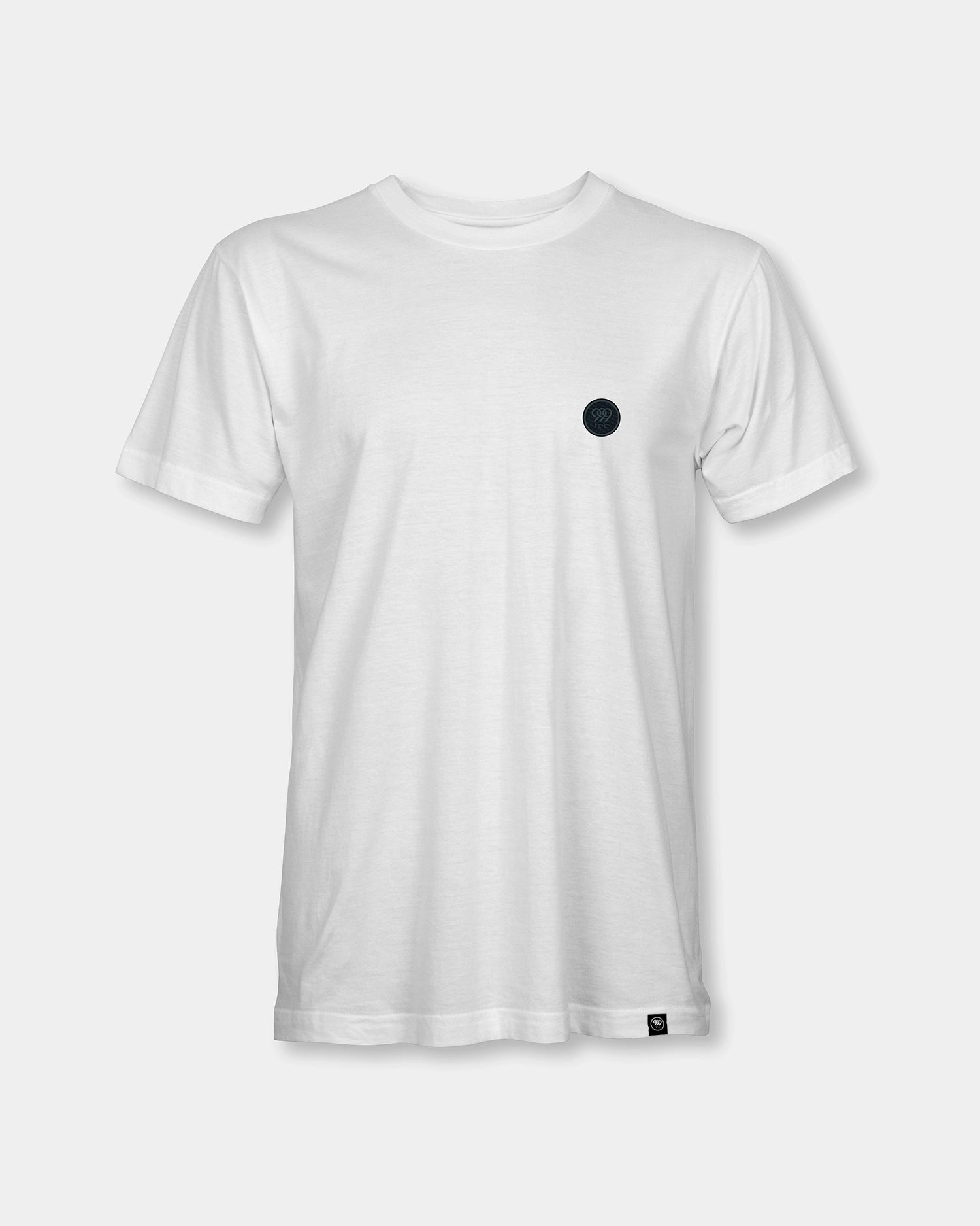 Male white T-shirt with small black chest badge, front view