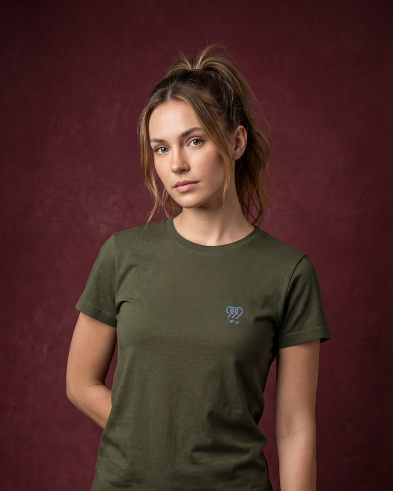 Female model wearing Olive classic T-shirt with small chest logo portrait