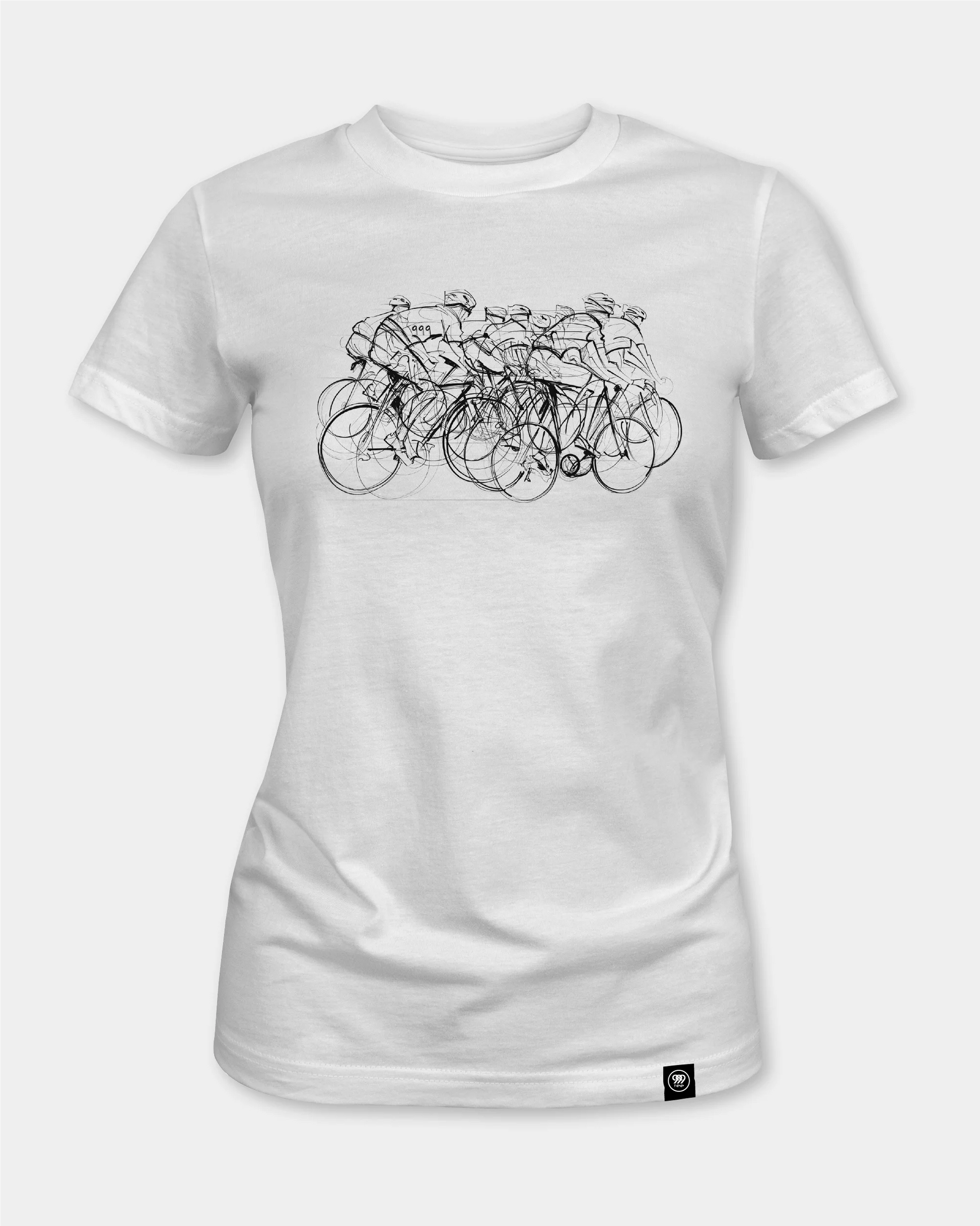 White women’s t-shirt with bicycle sketch graphic, front view product shot
