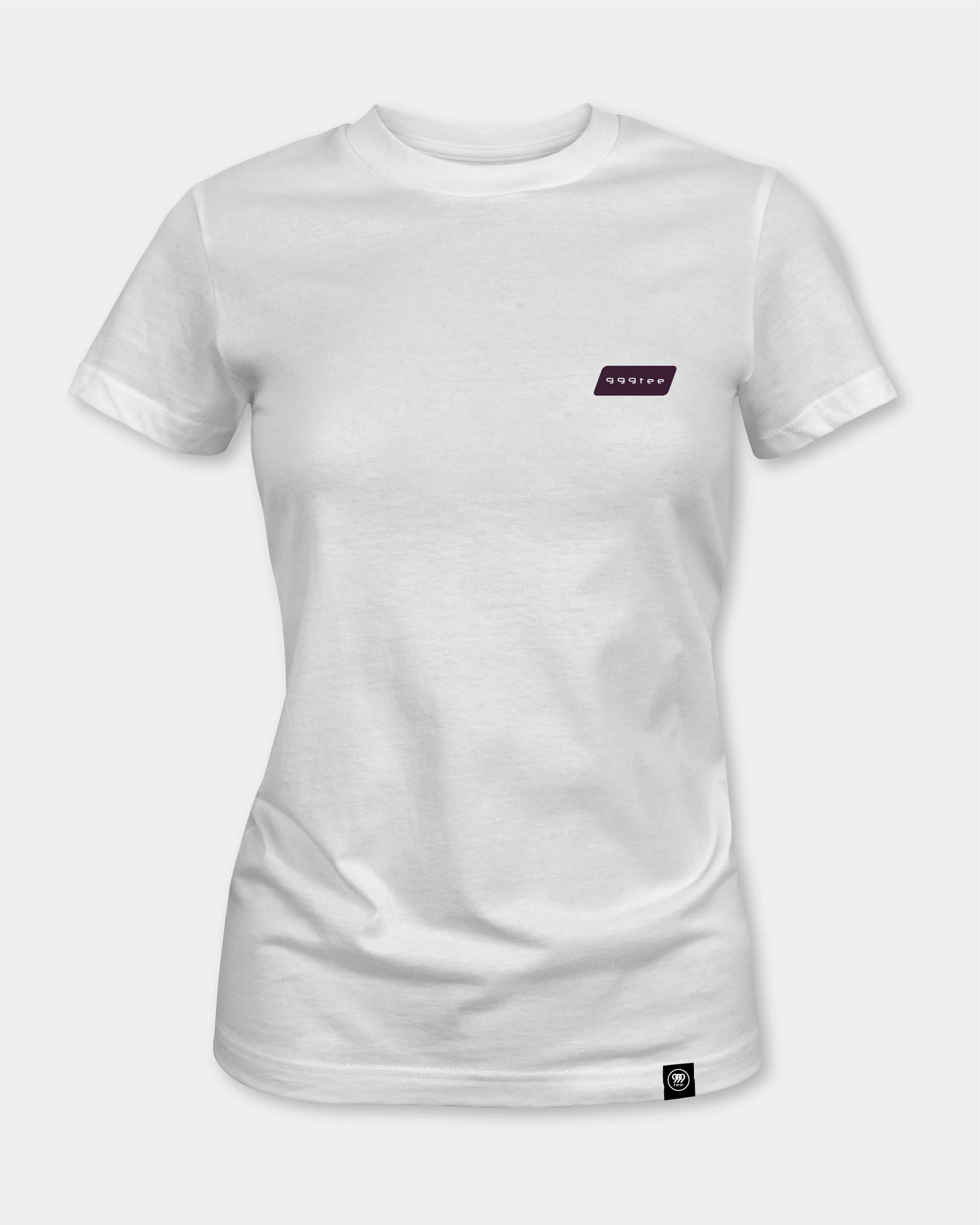 White women’s t-shirt with small chest label, front view product shot
