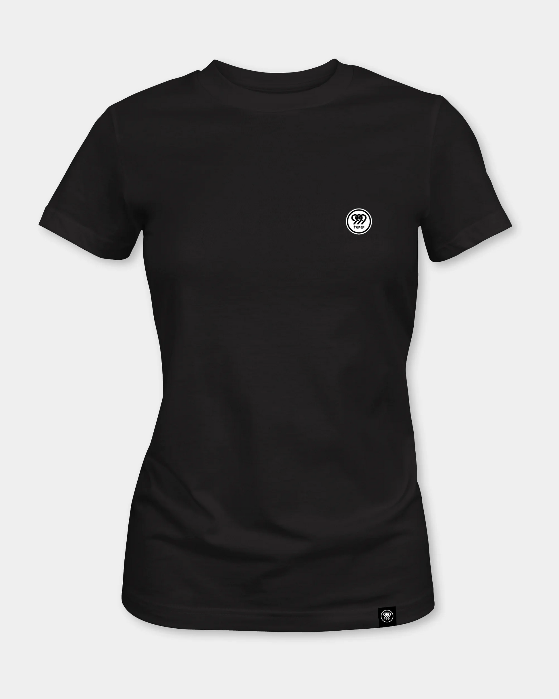 Black women’s t-shirt with white circular chest logo, front view product shot
