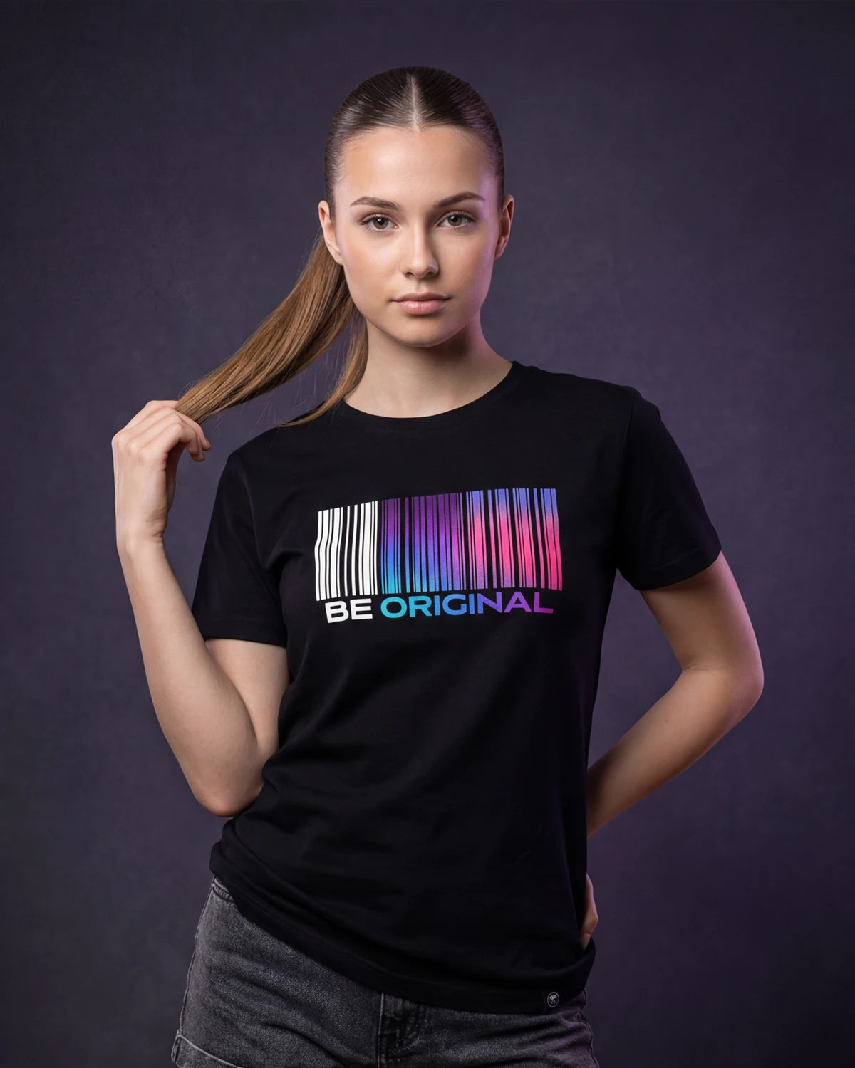 Model wearing black t-shirt with BE ORIGINAL barcode graphic, front view model shot

