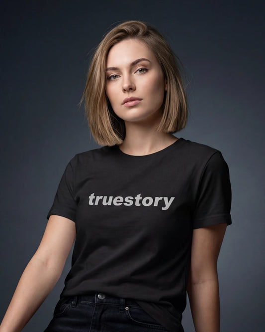 Model wearing charcoal melange t-shirt with truestory text, front view model shot
