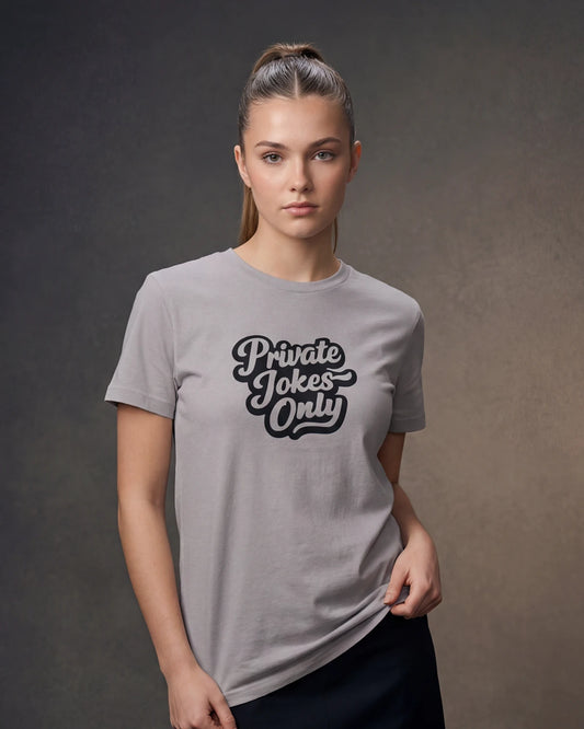Model wearing lavender dust t-shirt with Private Jokes Only graphic, front view model shot
