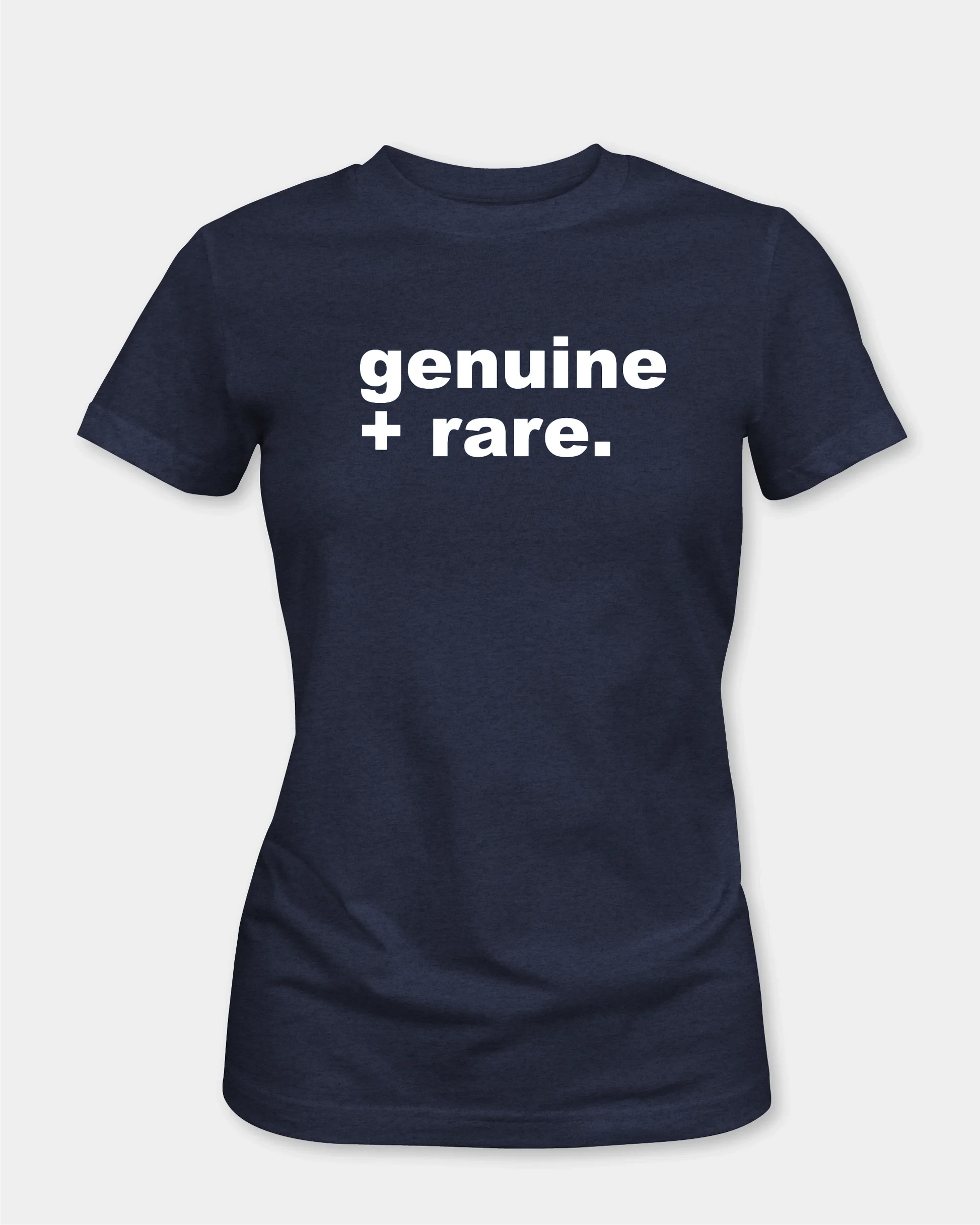 Female model t-shirt in denim melange with “genuine + rare.” text, front view

