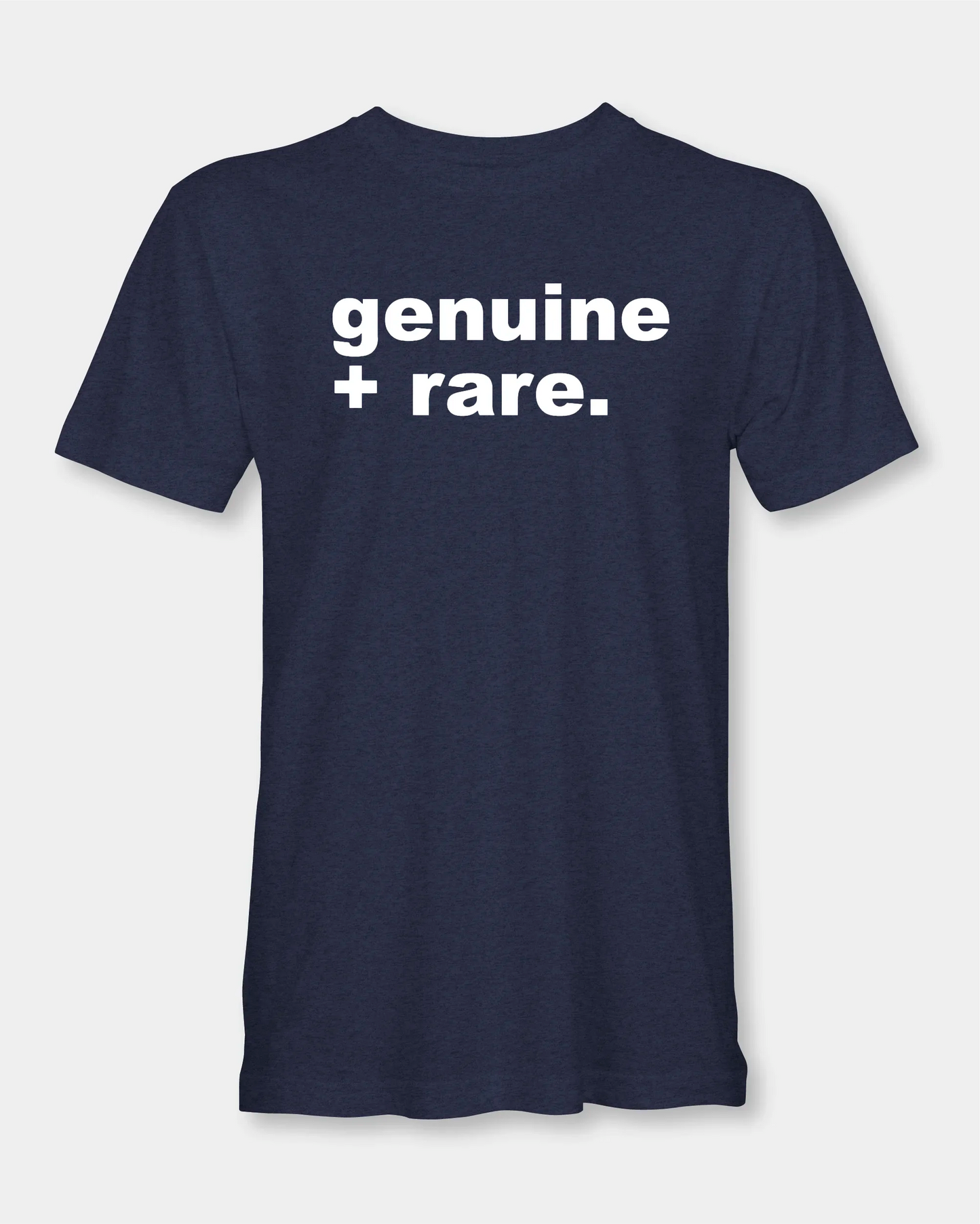 Denim melange T-shirt with genuine + rare. text, front product view
