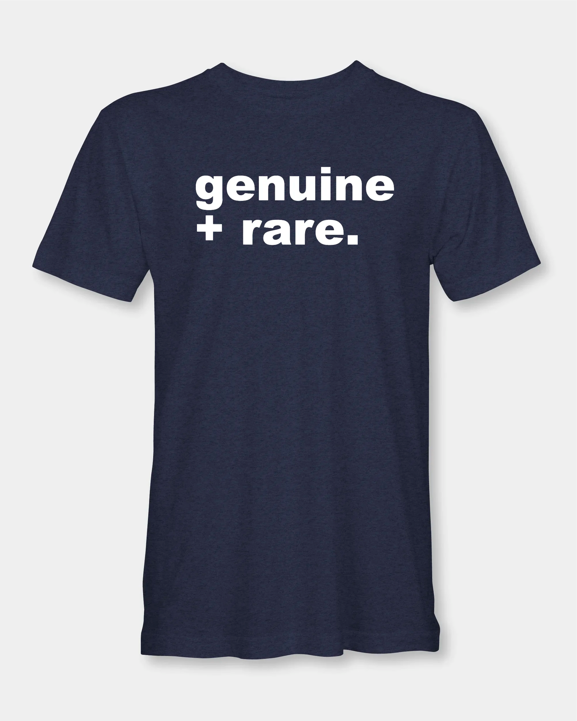 Denim melange T-shirt with genuine + rare. text, front product view
