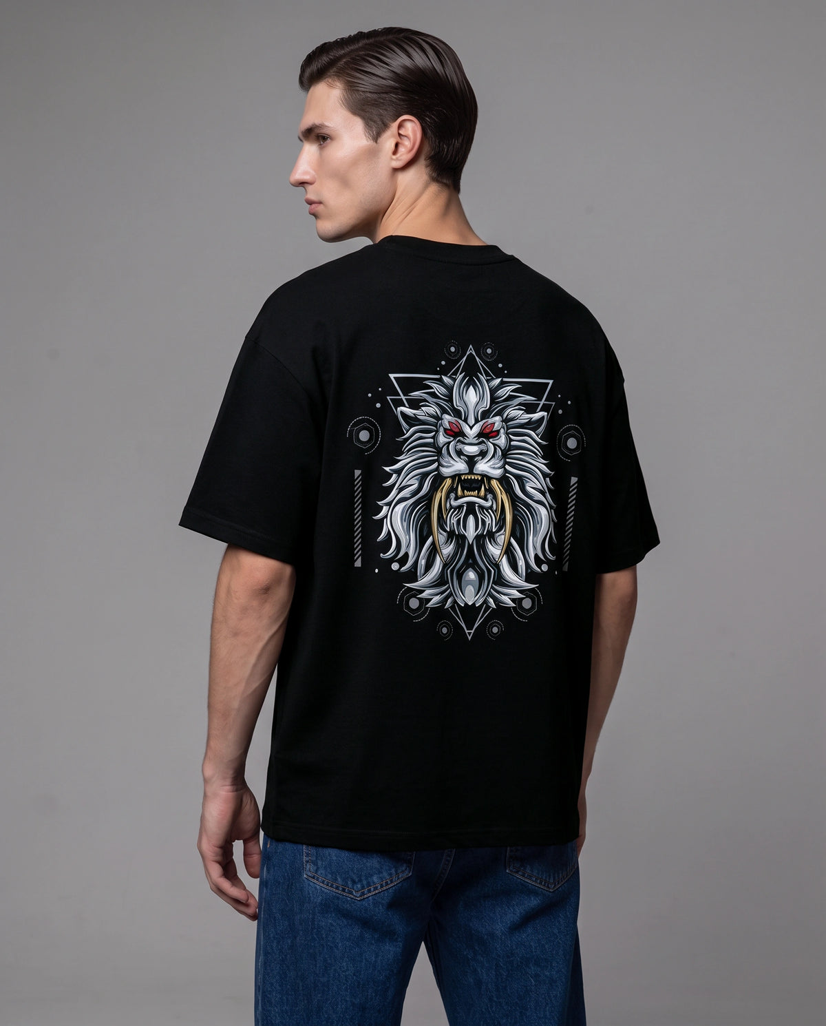 Male model wearing black T-shirt with stylized lion head graphic, back close-up view